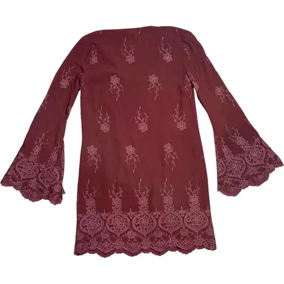 Wayf Burgundy Embroidered Flair Sleeved Dress sz S - Picture 5 of 13